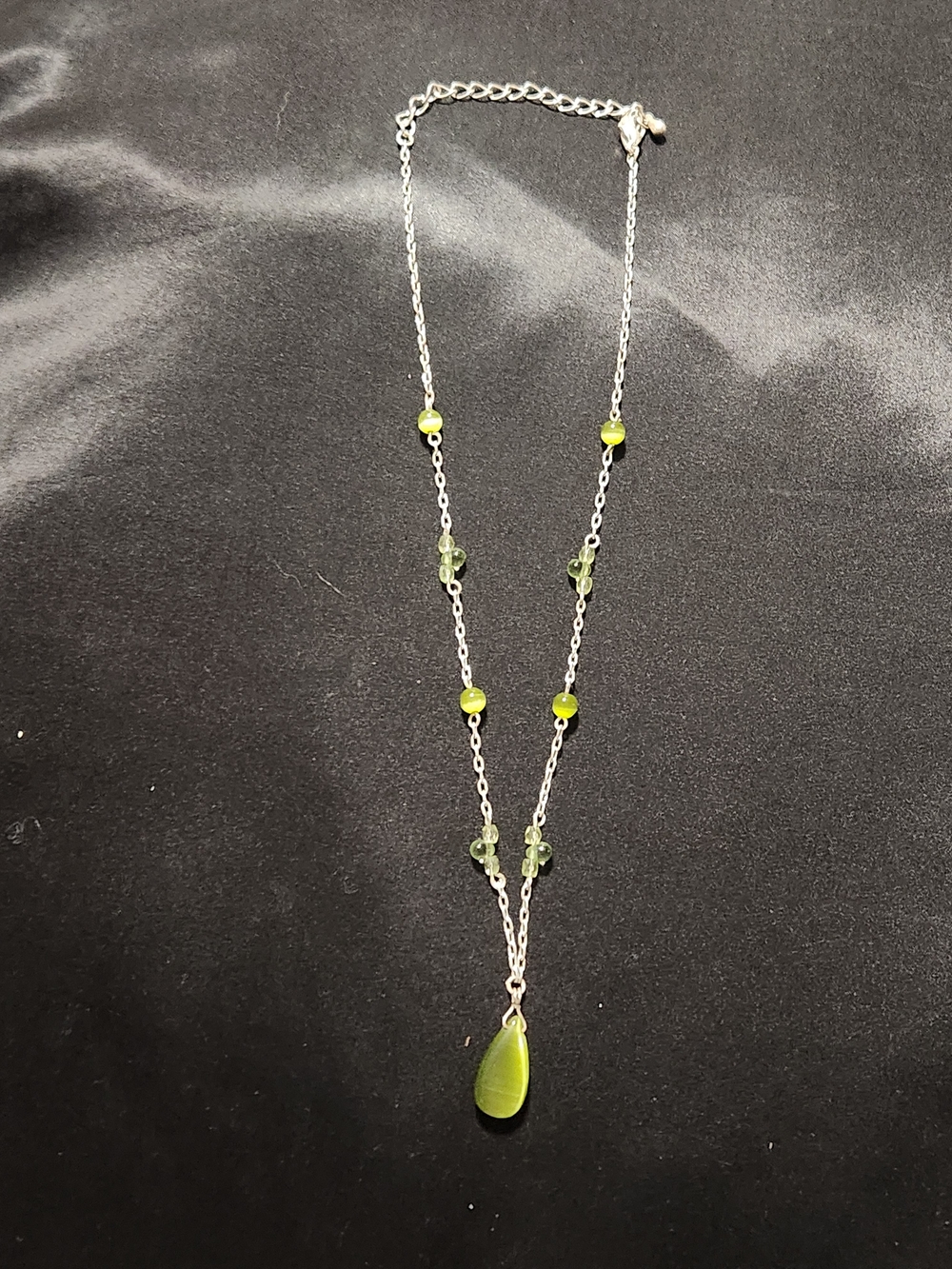 Silver Chain Necklace with Green Teardrop Pendant